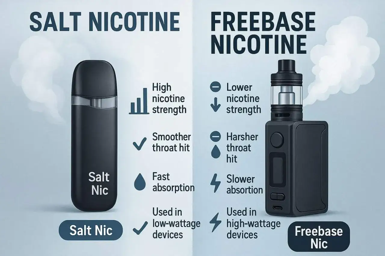 Comparativa de nicotina: salt nic ofrece alta concentraci&oacute;n y absorci&oacute;n r&aacute;pida, mientras que freebase nic es m&aacute;s suave.