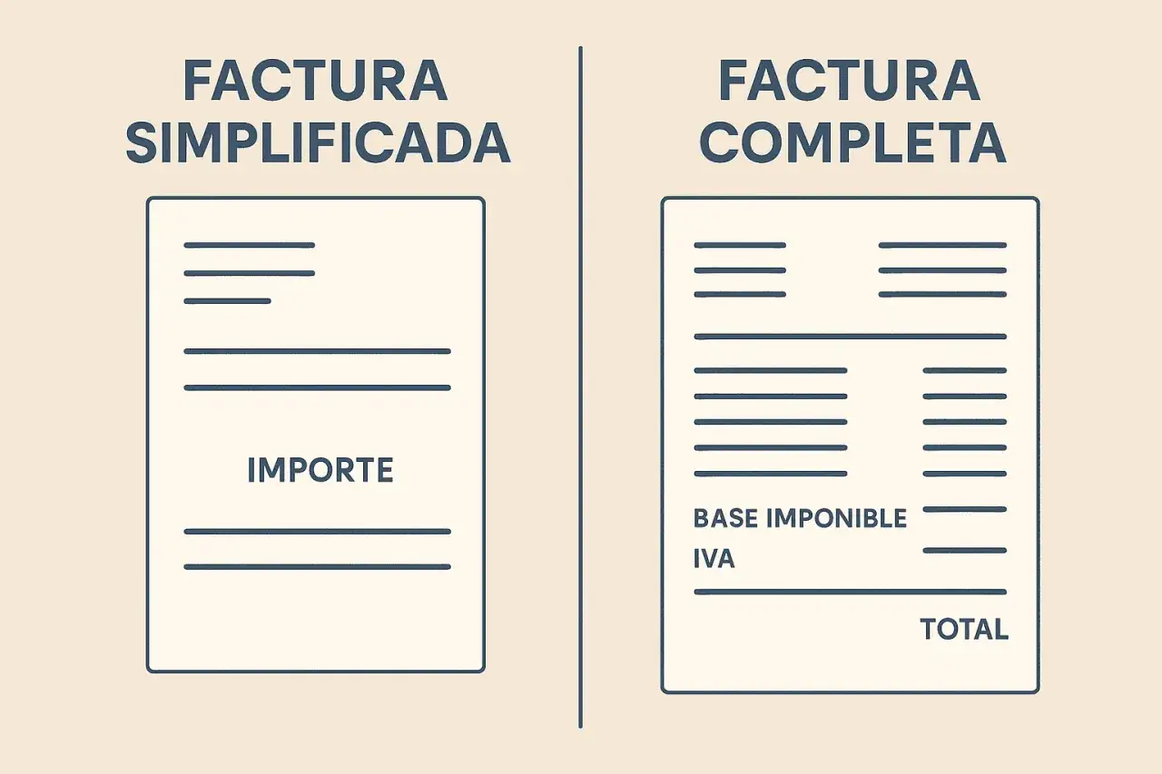Comparación visual: factura simplificada o ticket con solo importe, frente a factura completa con base imponible, IVA y total.