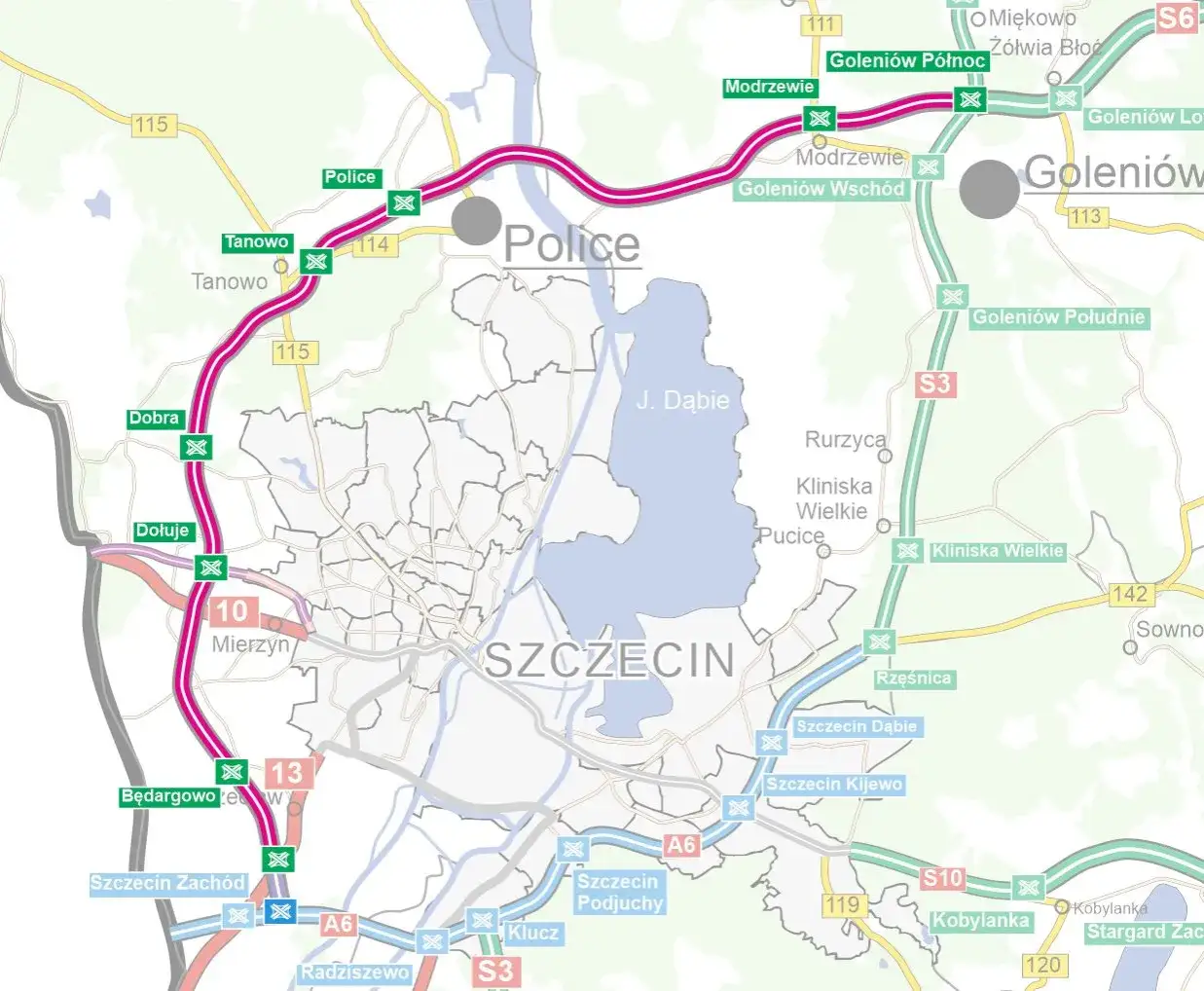 Mapa Zachodniej Obwodnicy Szczecina S6