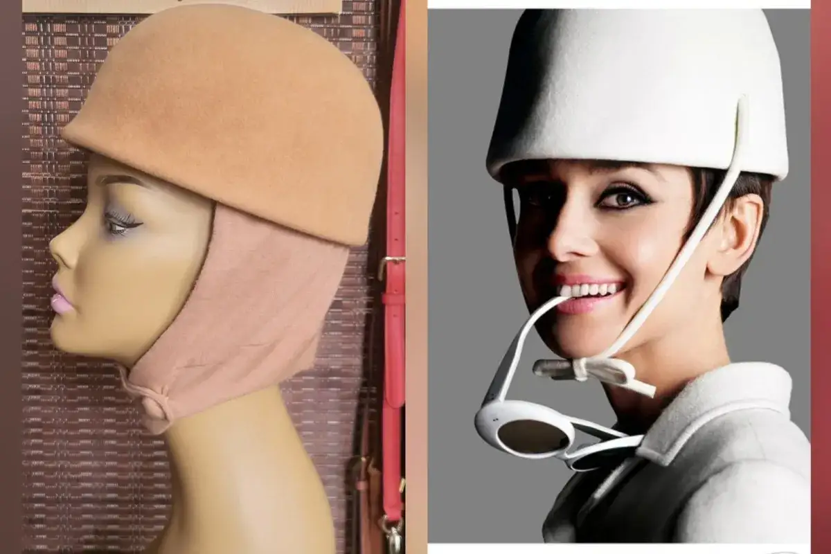 Dwie kobiety w stylowych nakryciach głowy. Po lewej manekin w beżowej dżokejce, po prawej Audrey Hepburn w białym kapeluszu i okularach.