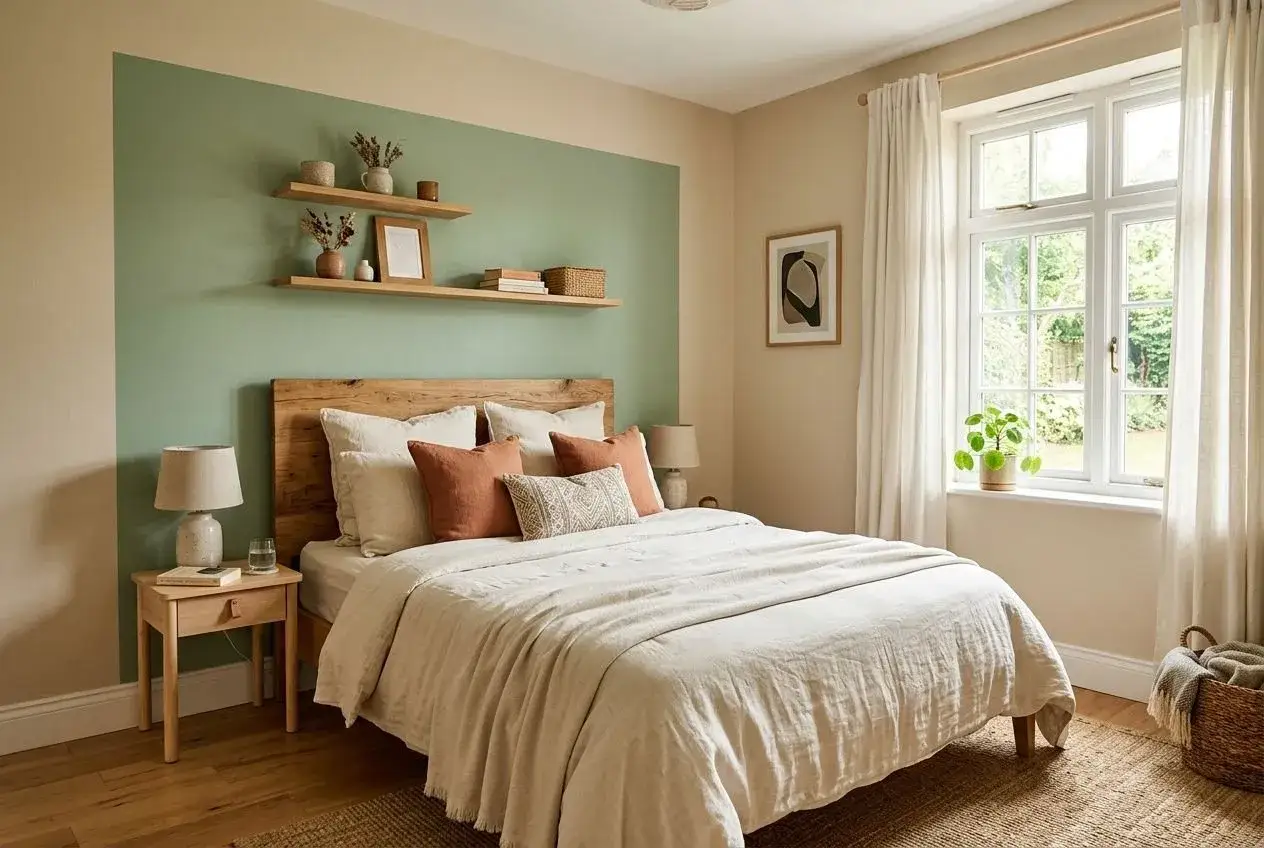 Une chambre adulte paisible avec un mur bicolore vert sauge et beige, un lit douillet, des étagères en bois et une fenêtre lumineuse.