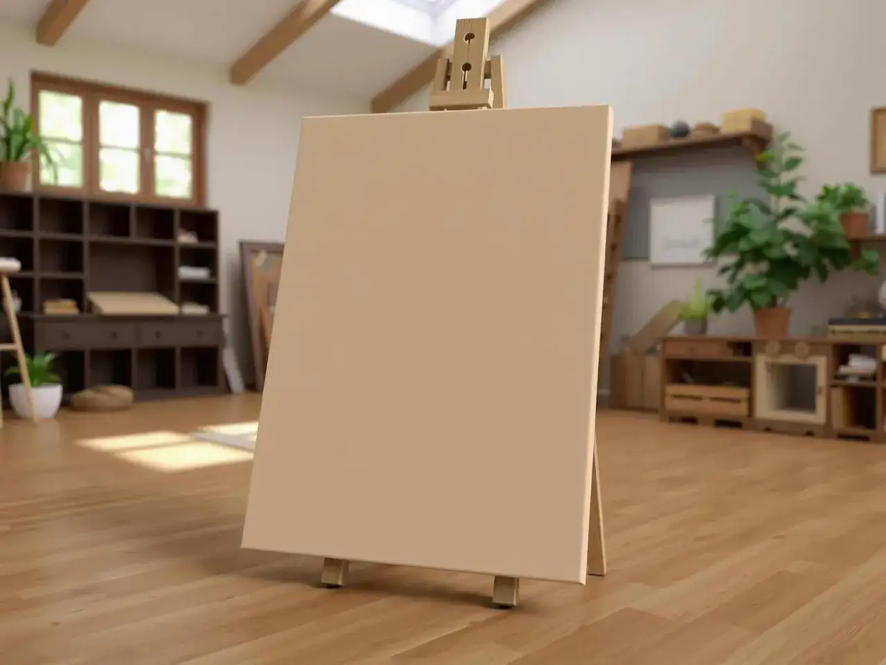 An empty canvas on an easel in a sunlit artist studio, ready for inspiration.