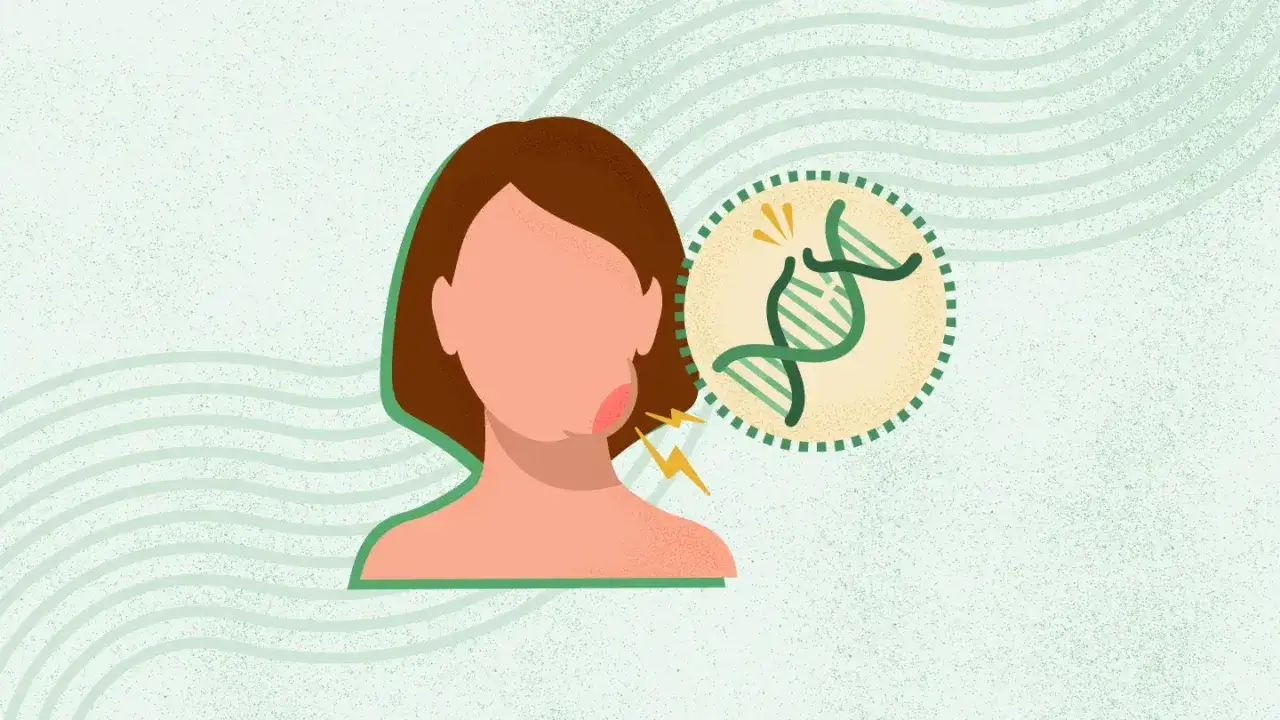 Illustration av en person med svullet ansikte, som visar en möjlig biverkning av enalapril. DNA-symbol indikerar genetisk koppling.