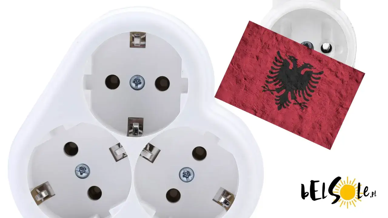 Białe gniazdka elektryczne z flagą Albanii. Idealne do podłączenia wielu urządzeń w albańskim domu.