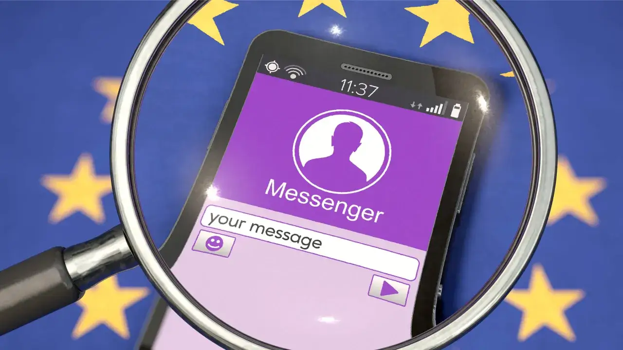 Lupe &uuml;ber Smartphone mit Messenger-App vor EU-Flagge. Die Chatkontrolle EU wird thematisiert.
