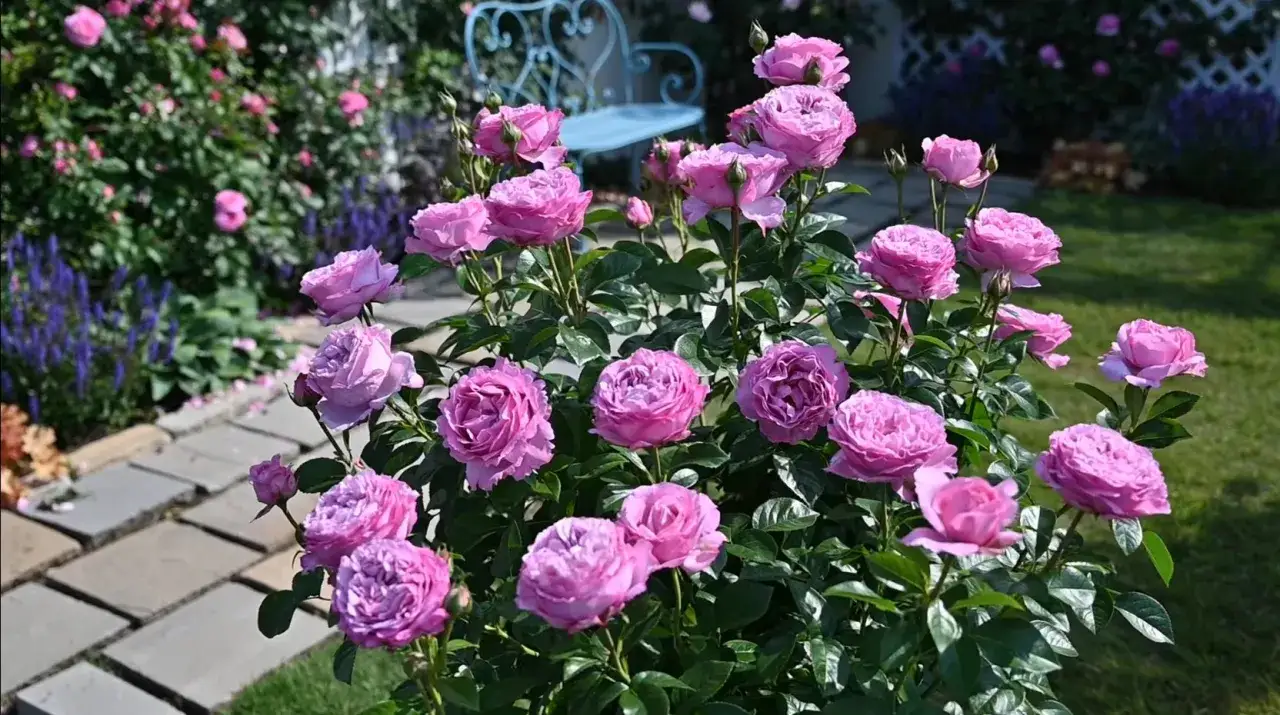 Un rosier aux fleurs roses et violettes épanouies, prêt à être planté dans un jardin.
