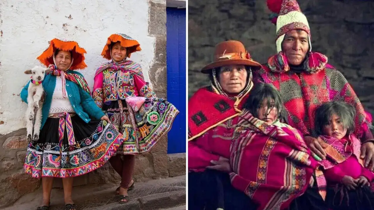 Kolorowi indianie z Cuzco w tradycyjnych strojach, z owieczką i dziećmi.