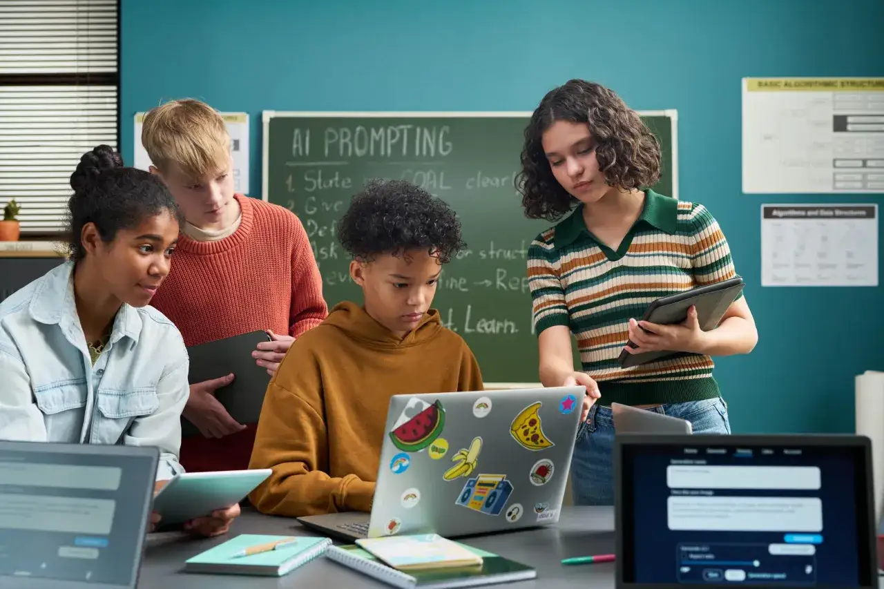 Vier Schüler arbeiten an Laptops und Tablets. Auf der Tafel steht 