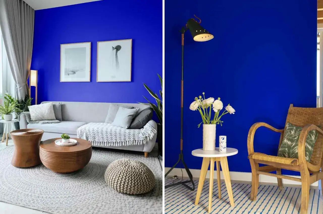 Salon aux murs bleu klein et bleu majorelle, avec un canapé gris, des tables basses en bois et un fauteuil en rotin.
