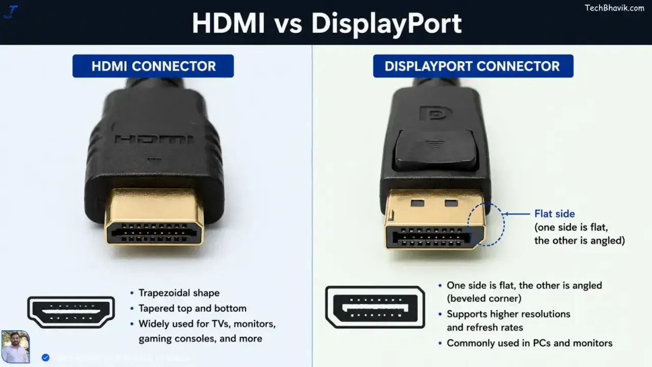 Porównanie złączy: HDMI vs DisplayPort. Złącze HDMI ma trapezoidalny kształt, DisplayPort ma ścięty róg.