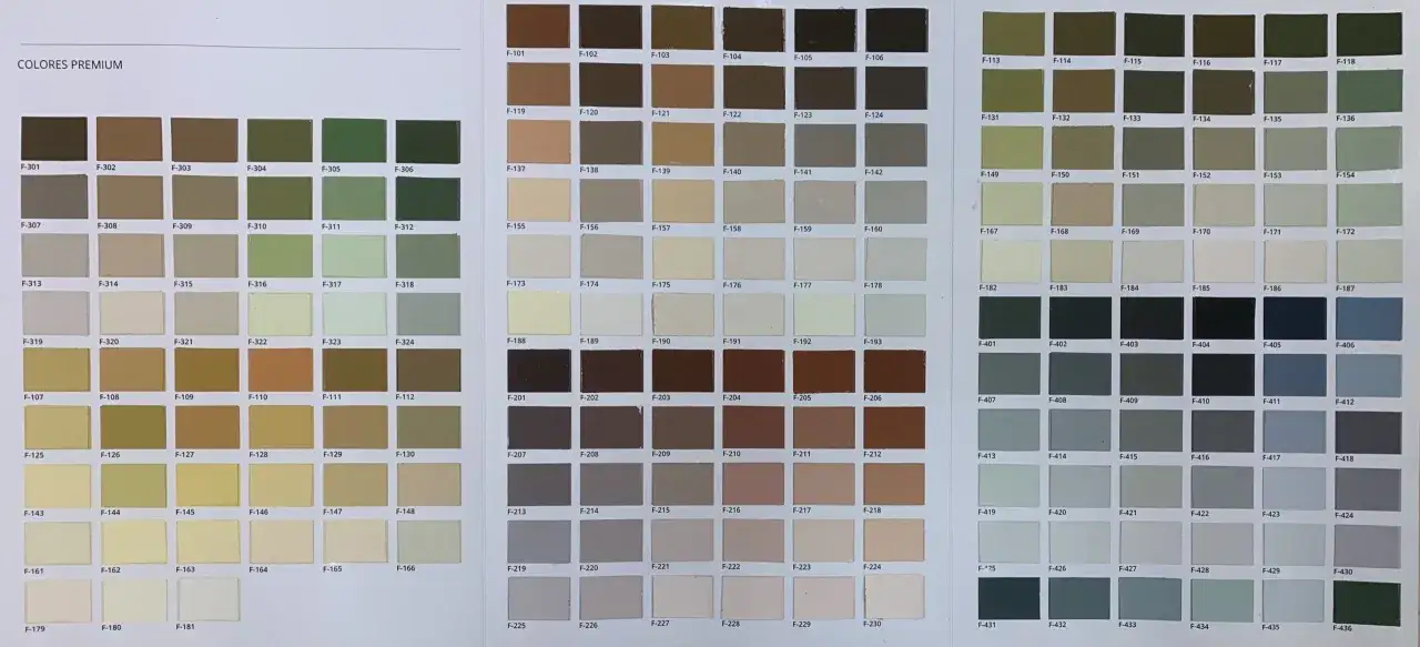 Muestrario de colores premium. Cada recuadro muestra un tono diferente del **natural color system**, con su código alfanumérico.