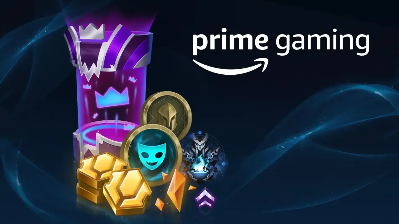 Kolekcja nagród z gry, w tym złote monety i ikony, z logo Prime Gaming. Idealne dla graczy League of Legends, którzy chcą wykorzystać Twitch Prime.