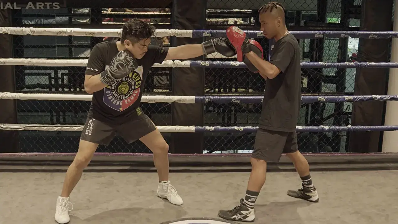 A boxer throws a jab punch in a boxing ring, his opponent holding pads to block.