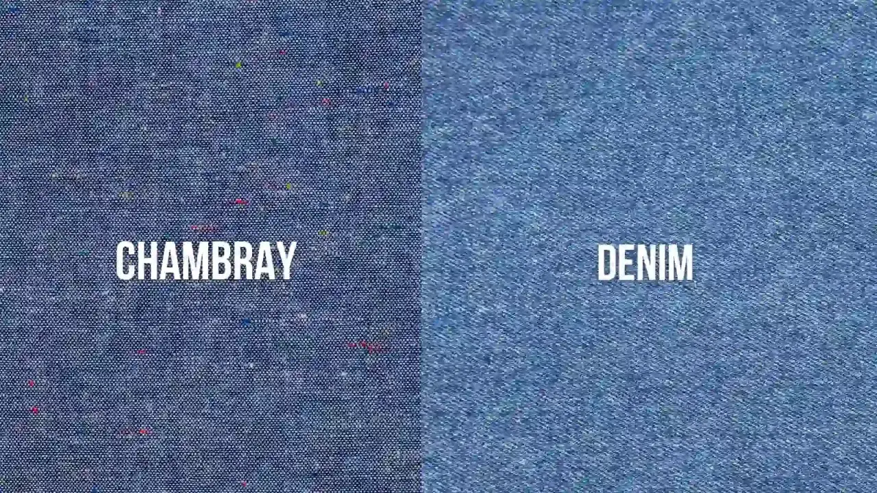Chambray fabric, lighter than denim, features a plain weave with colored threads woven through blue.