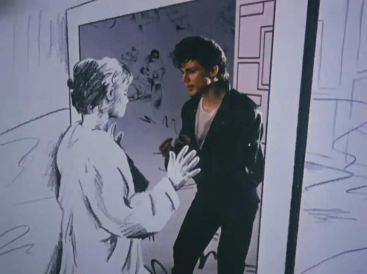 Un uomo in giacca di pelle parla con una figura disegnata, un'immagine che evoca il **take on me significato** del video musicale.