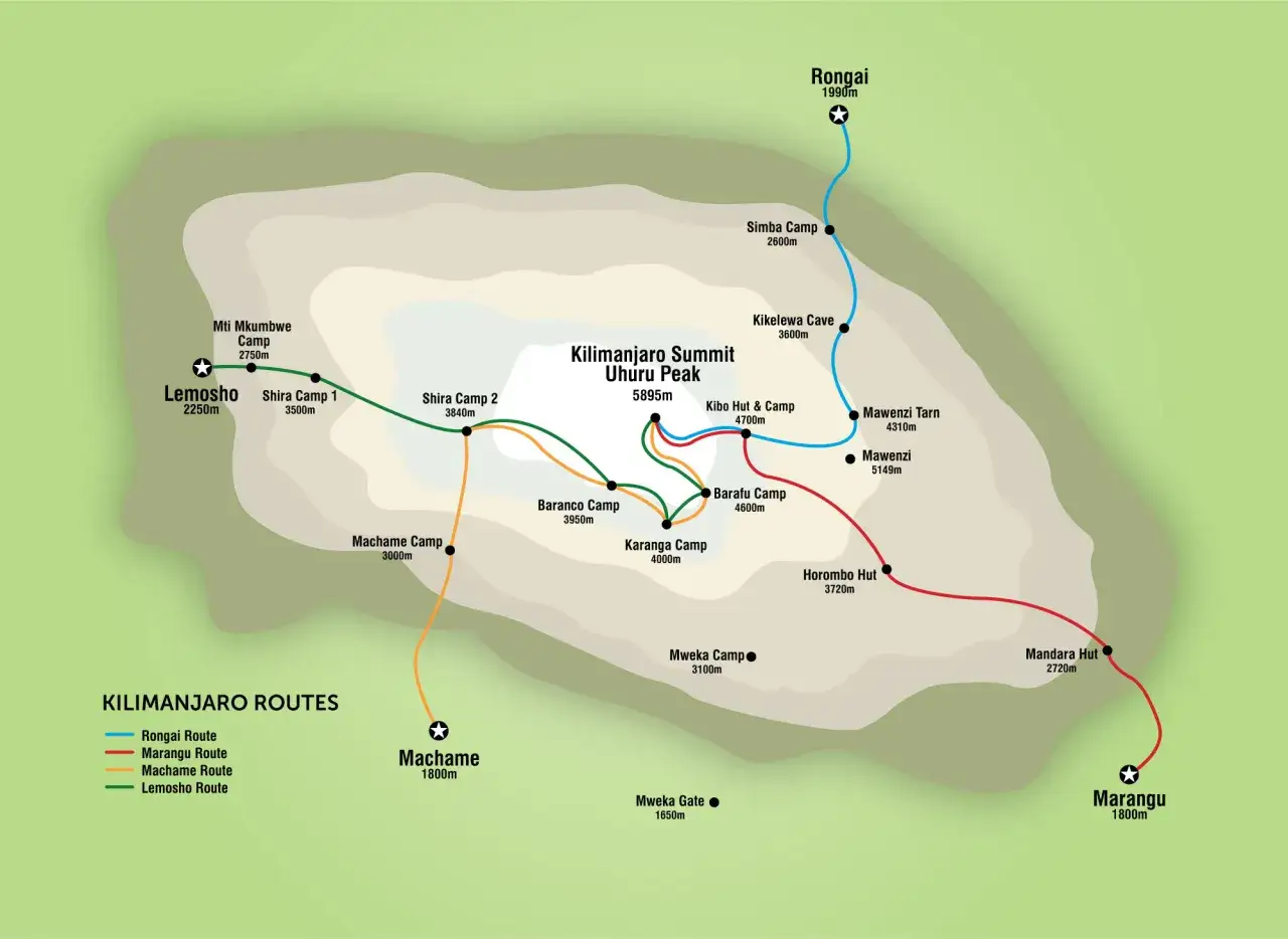 Mapa tras na Kilimandżaro, najwyższy szczyt Afryki, z zaznaczonymi obozami i wysokościami.