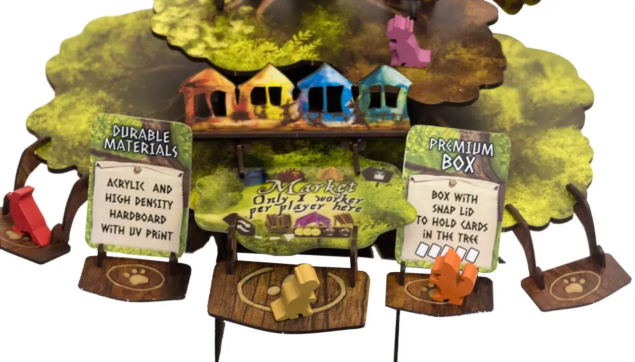 Everdell Spiel des Jahres: bunte H&auml;user, Holzfiguren und Spielmaterialien auf einem Baum.