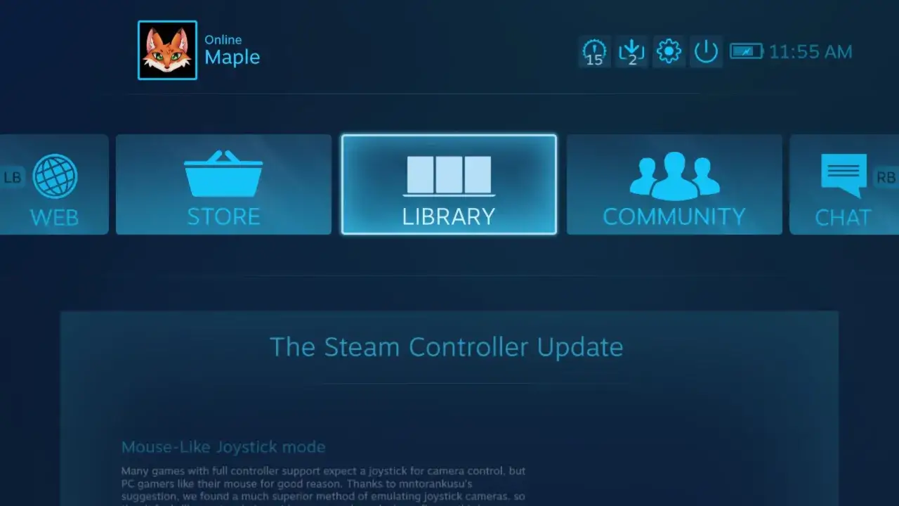 Ekran Steam Big Picture z opcjami Web, Store, Library, Community, Chat. Jak wyjść z trybu?