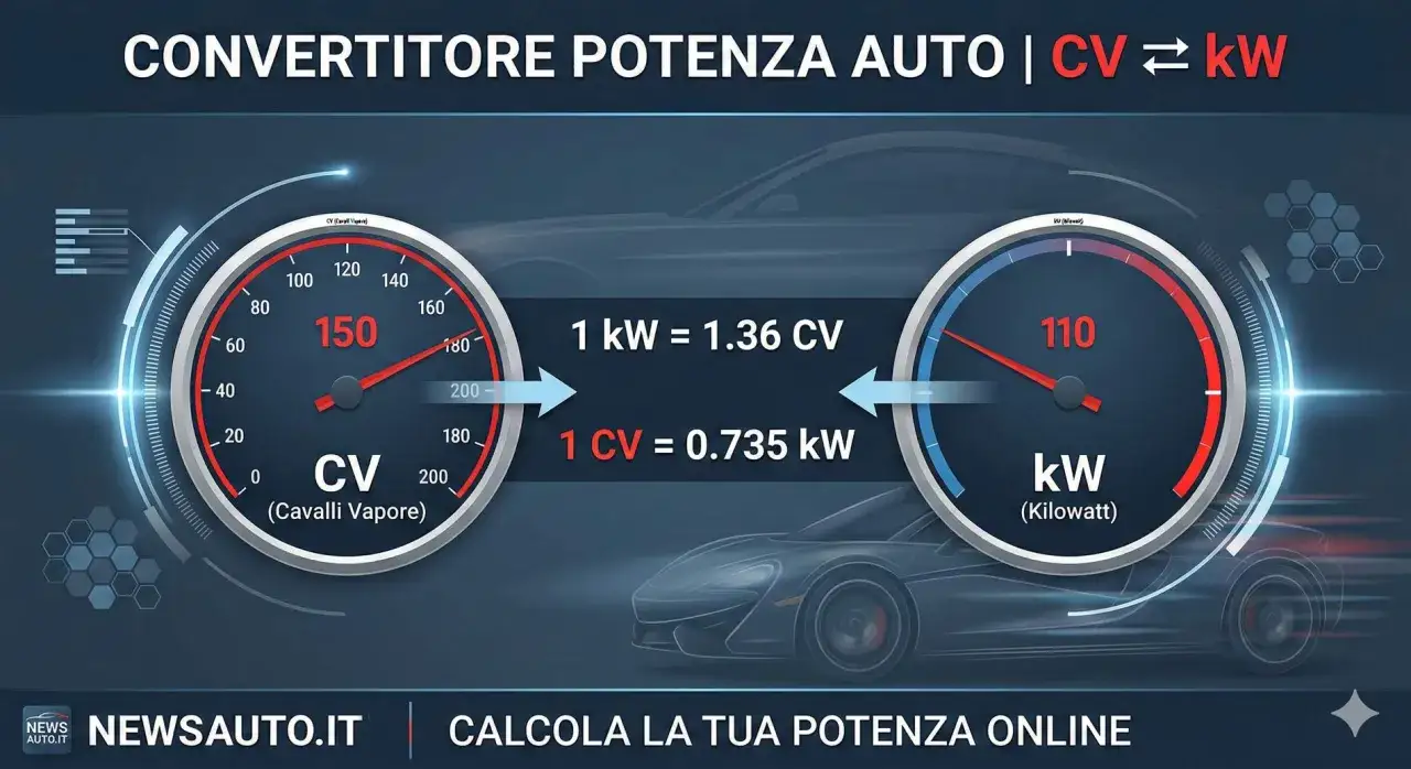 Due tachimetri mostrano la conversione tra CV (Cavalli Vapore) e kW. Uno indica 150 CV, l'altro 110 kW, con le formule di conversione.