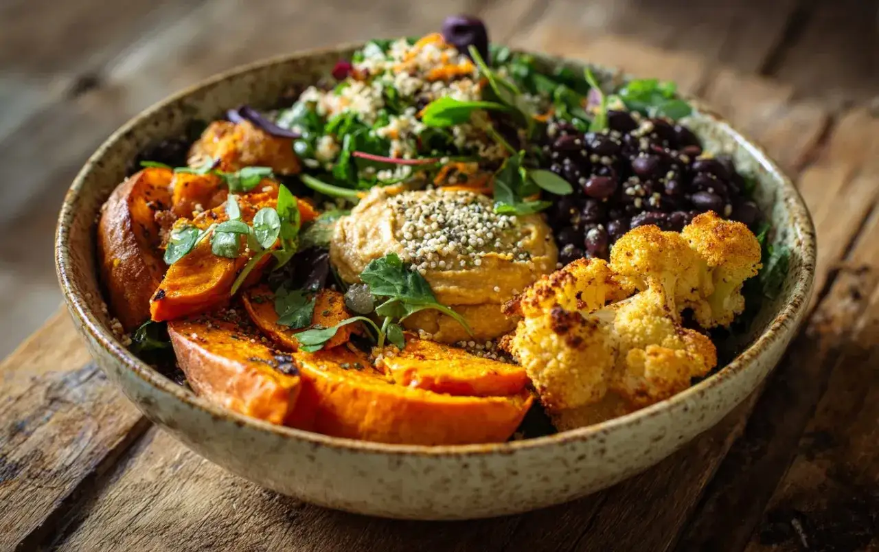Bunte Bowl mit S&uuml;&szlig;kartoffeln, Hummus, Blumenkohl und schwarzen Bohnen &ndash; ein Fest f&uuml;r clean eating.