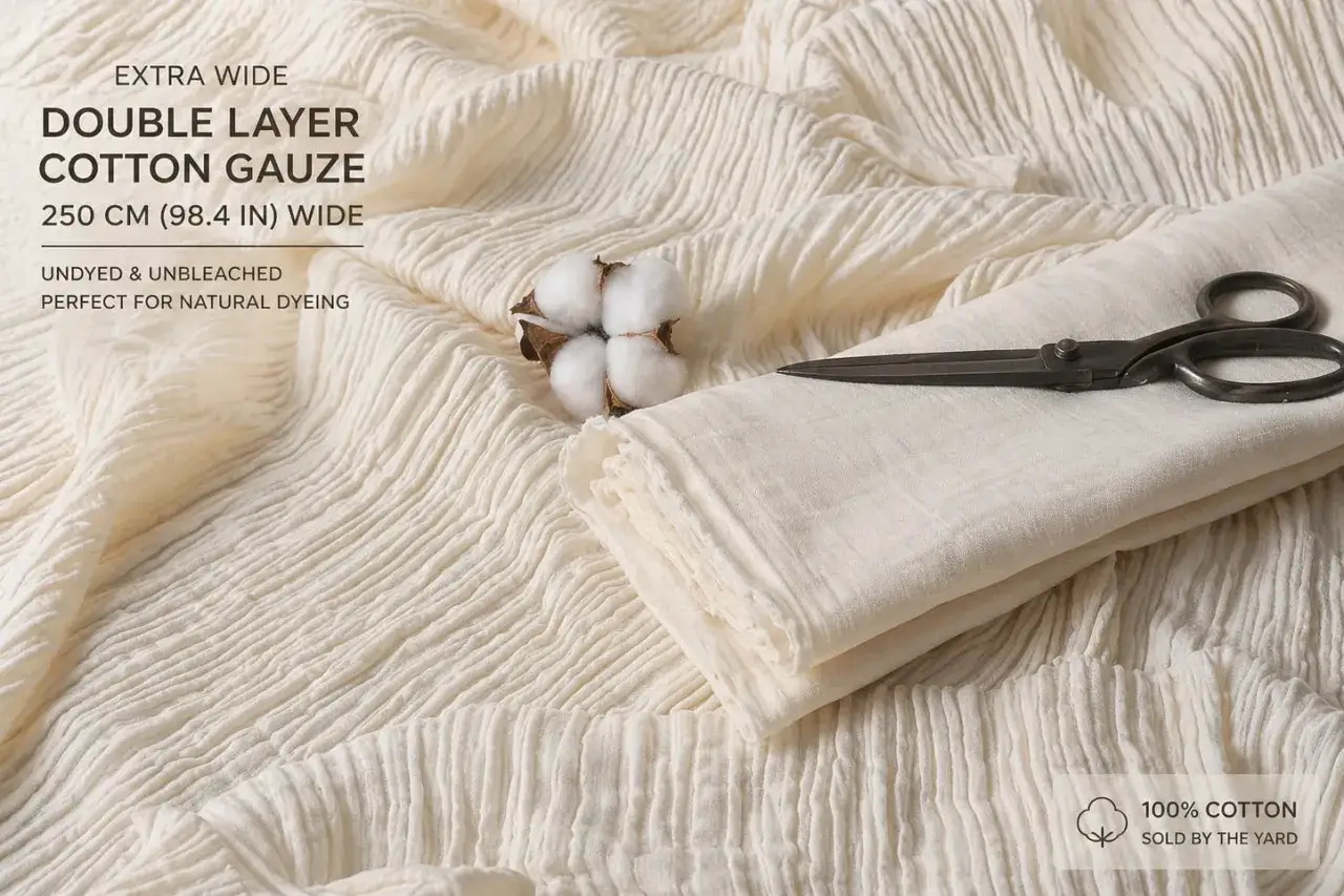 A close-up of creamy, textured double gauze fabric, perfect for natural dyeing. A cotton boll and scissors rest on the material.