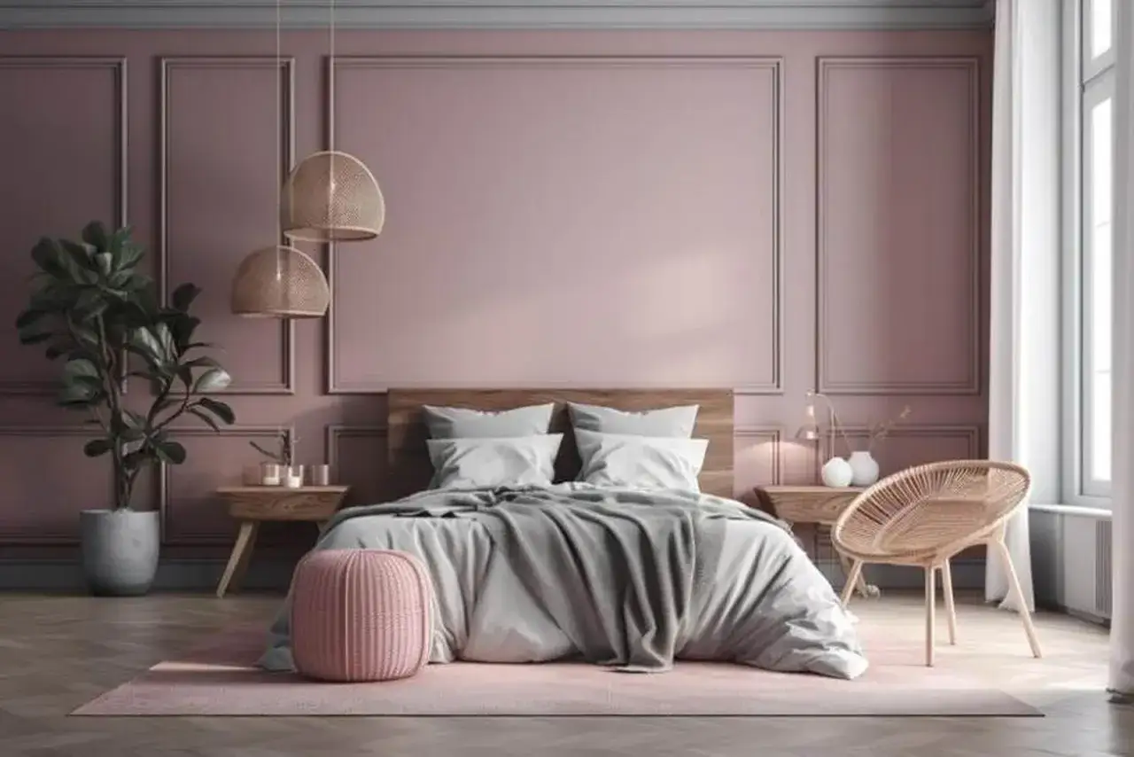 Dormitorio con cama de estilo feng shui, paredes rosas, l&aacute;mparas de mimbre y silla de rat&aacute;n.