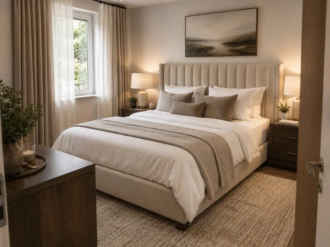 Ein stilvolles Schlafzimmer einrichten: Gemütliches Bett mit beiger Polsterung, Nachttische, Fenster mit Vorhängen und ein Wandbild.