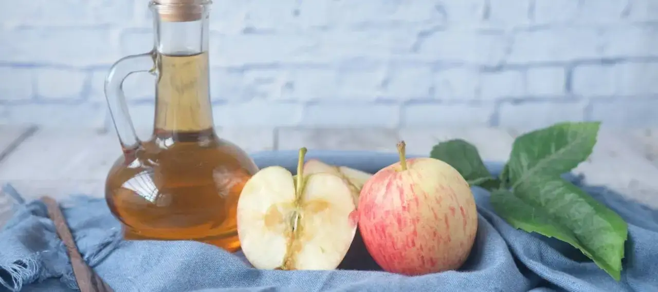 Ein Glas Apfelessig, &Auml;pfel und Bl&auml;tter &ndash; die Zutaten, um essig selber machen.