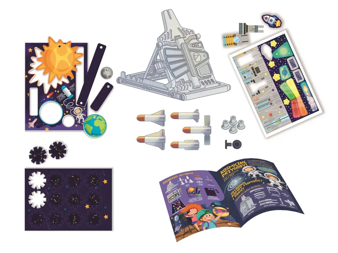 Zestaw do kosmicznych eksperyment&oacute;w dla dzieci: rakieta, planety, gwiazdy i astronauta.