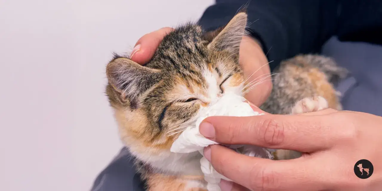 Gatito con resfriado, le secan la nariz con un pa&ntilde;uelo. &iquest;Mi gato estornuda mucho? Remedio casero para aliviarlo.