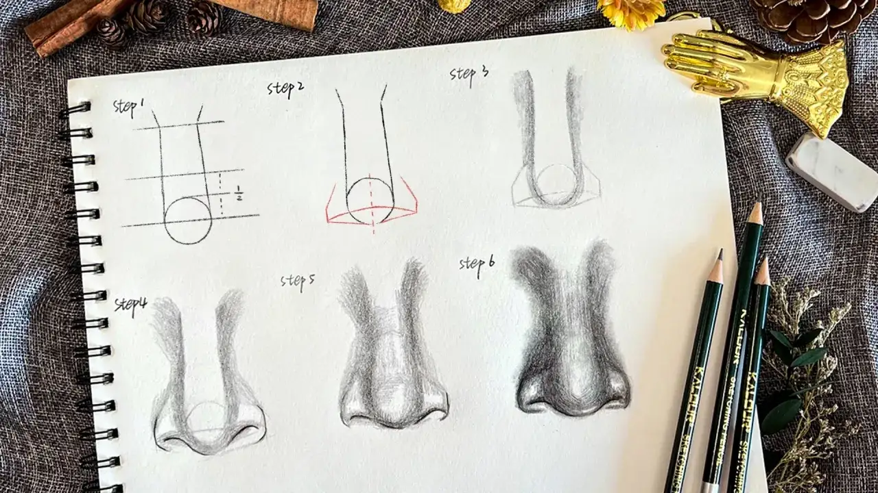 &Eacute;tapes d'un nez dessin au crayon, de l'esquisse aux d&eacute;tails r&eacute;alistes.