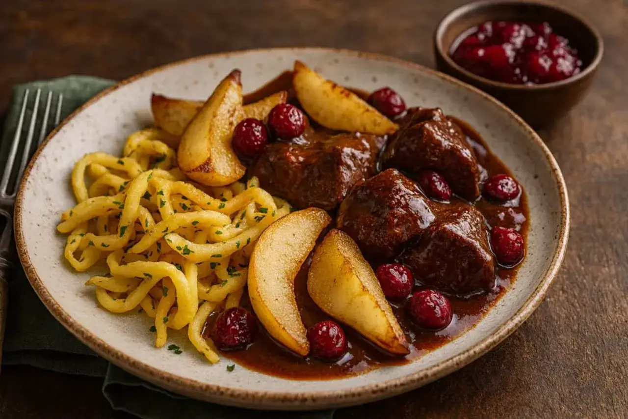 Deftiges Gulasch mit Spätzle, Birnen und Preiselbeeren. Ein tolles Gericht, das an Schlehen Rezepte erinnert.