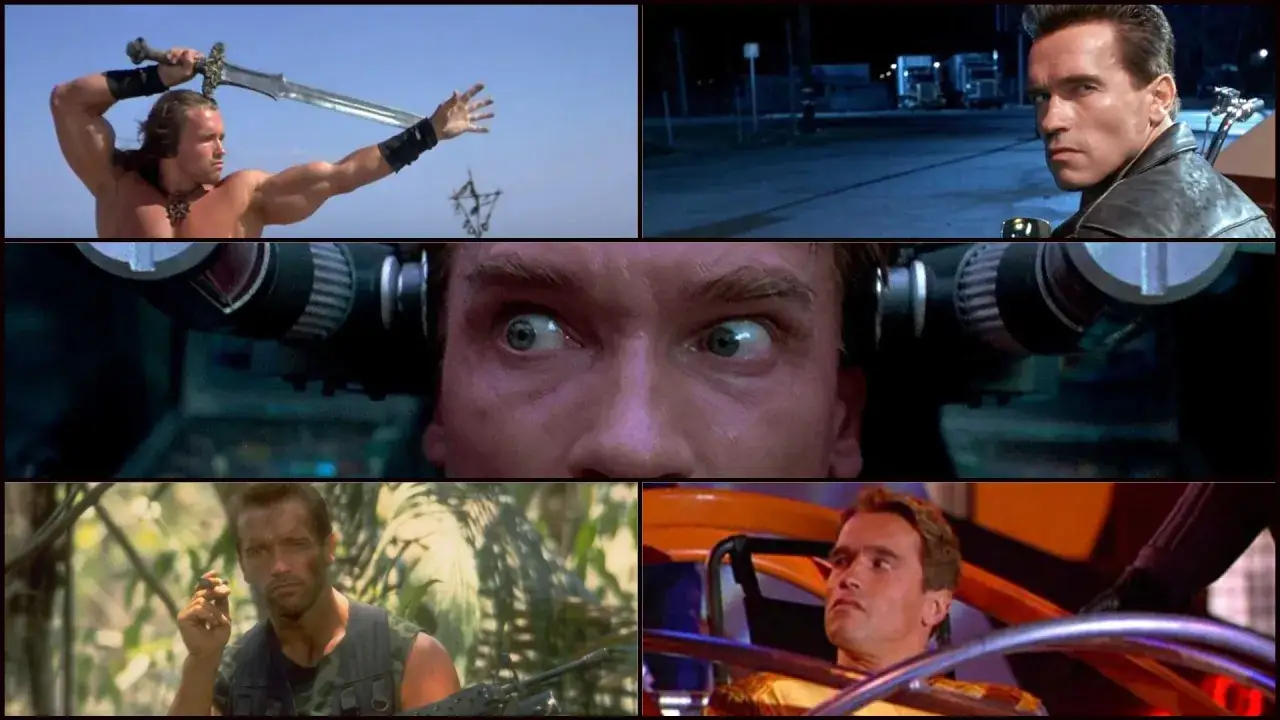 Arnold Schwarzenegger i filmer som Conan, Terminator och Predator. En ikonisk actionhjälte.