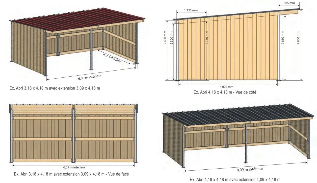 Plans et vues d'un abri pour chevaux d'occasion, montrant différentes tailles et configurations.