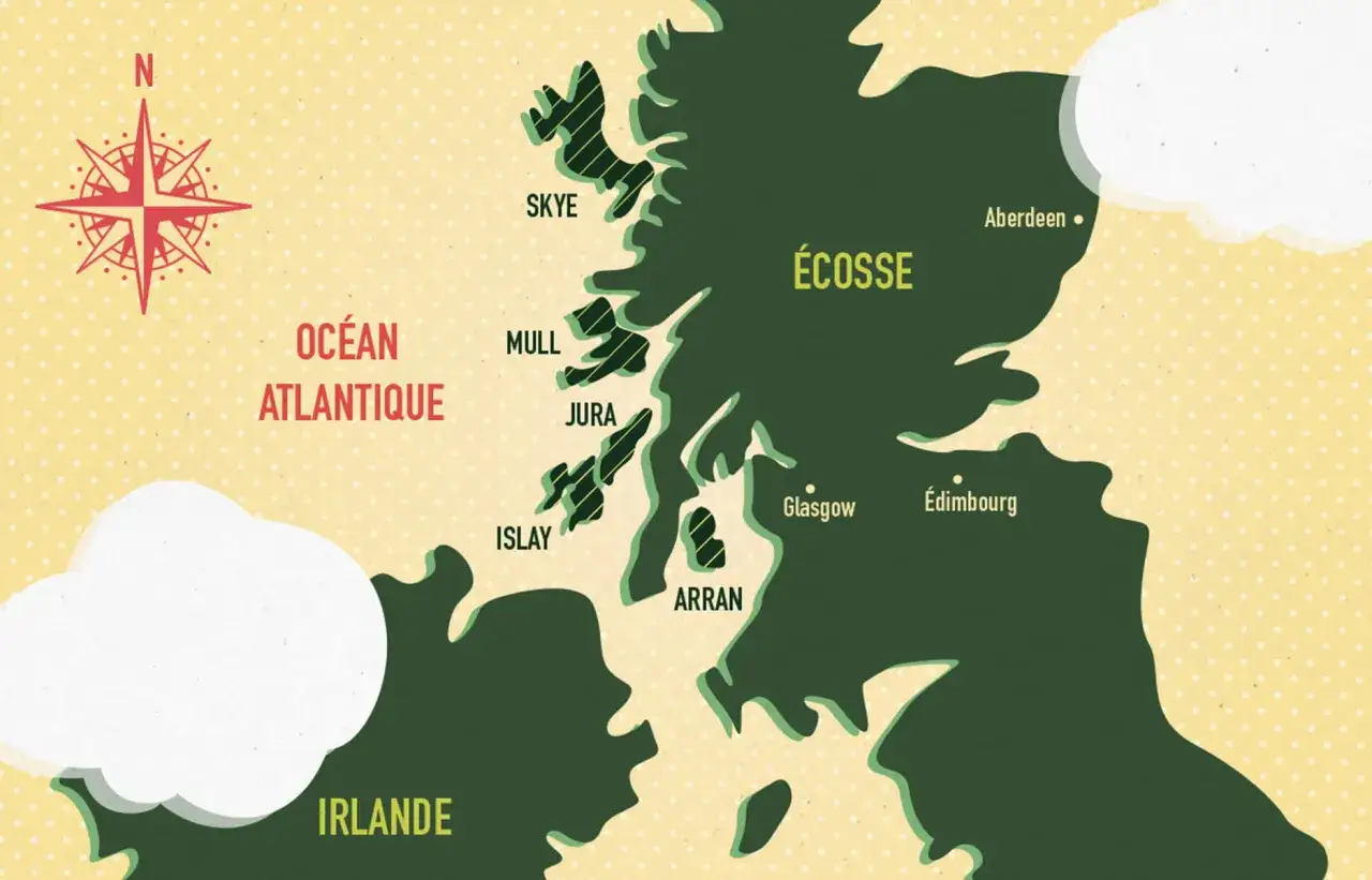 Carte de l'Écosse, montrant les îles de Skye, Mull, Jura, Arran et Islay. L'océan Atlantique et l'Irlande sont aussi visibles.