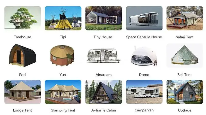 Różne rodzaje alternatywnych noclegów: hostel, couchsurfing, glamping