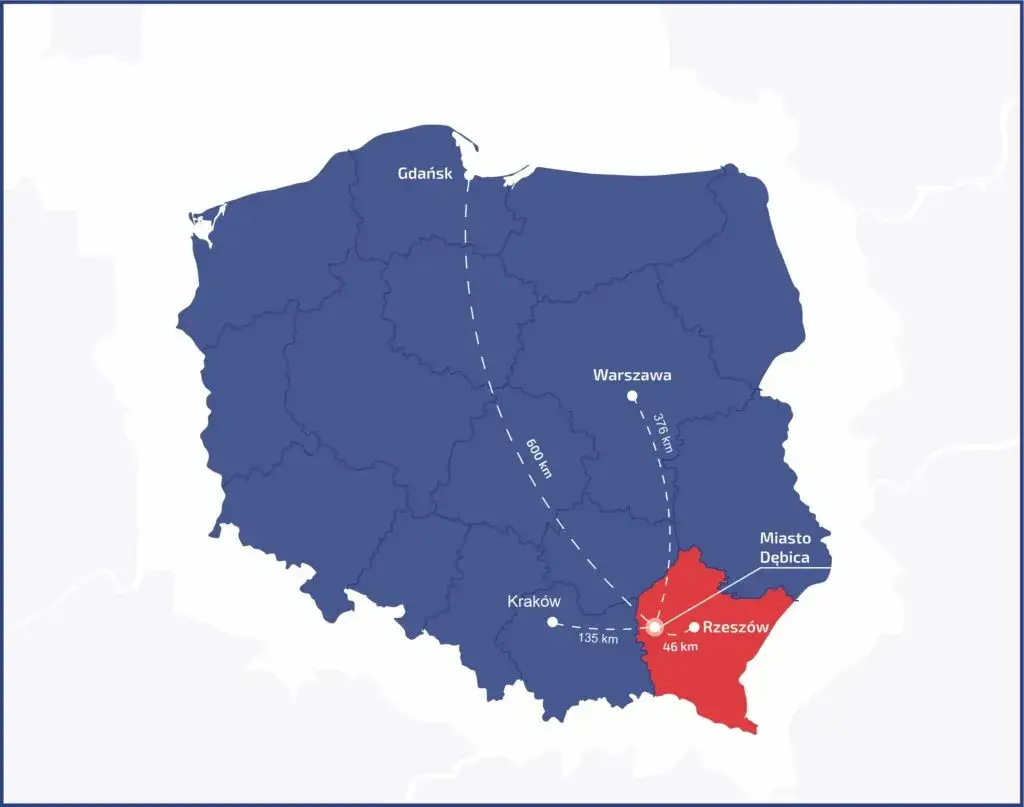 Mapa Polski z zaznaczoną Dębicą