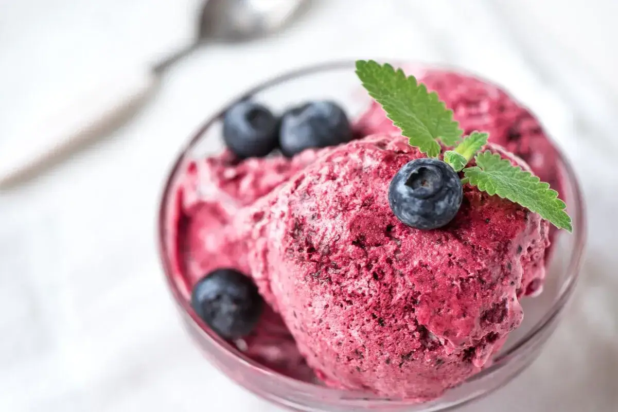 Fruchtiges Beeren-Eis, wie selbstgemachtes shaved ice, in einer Schale mit frischen Blaubeeren und Minze garniert.