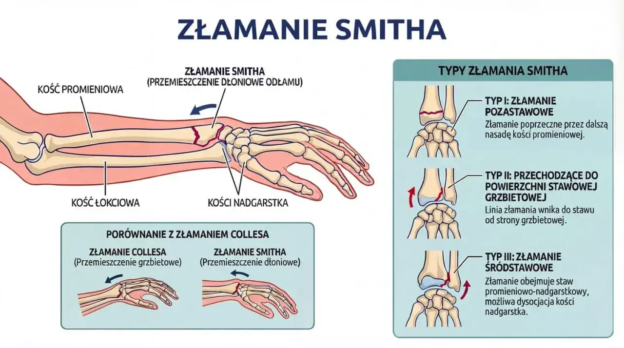 Ilustracja przedstawia złamanie Smitha, czyli przemieszczenie dłoniowe odłamu kości promieniowej, w przeciwieństwie do złamania Collesa.