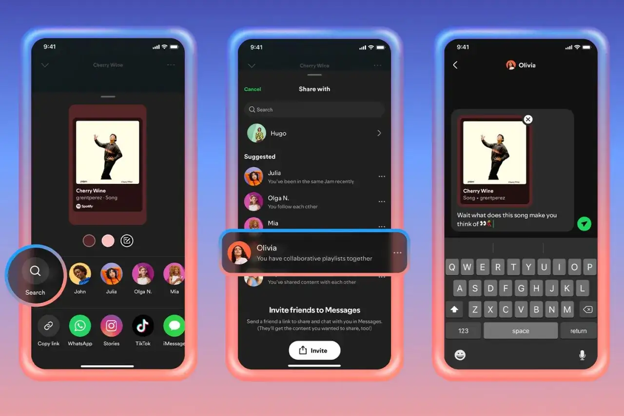 Spotify to platforma do dzielenia się muzyką. Na ekranach widzimy udostępnianie piosenki
