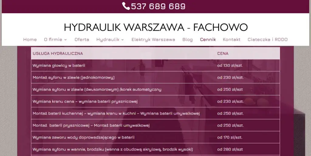 Cennik usług hydraulicznych Warszawa, hydraulik naprawa