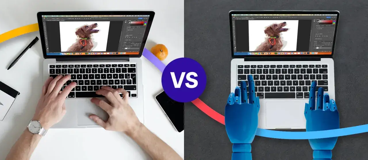 Człowiek vs robot: który program do usuwania tła jest lepszy? Obrazek pokazuje dwa laptopy z otwartym programem graficznym, jeden obsługiwany przez ludzkie dłonie, drugi przez niebieską rękę robota.