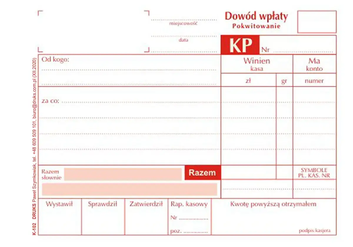 Dowód wpłaty pokwitowanie KP. Potwierdzenie wpłaty gotówki z polami na dane wpłacającego, cel wpłaty, kwotę i podpisy.