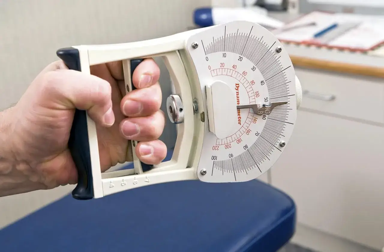 Dłoń ściska dynamometr podczas testu siły chwytu. Wynik pomiaru jest widoczny na tarczy.