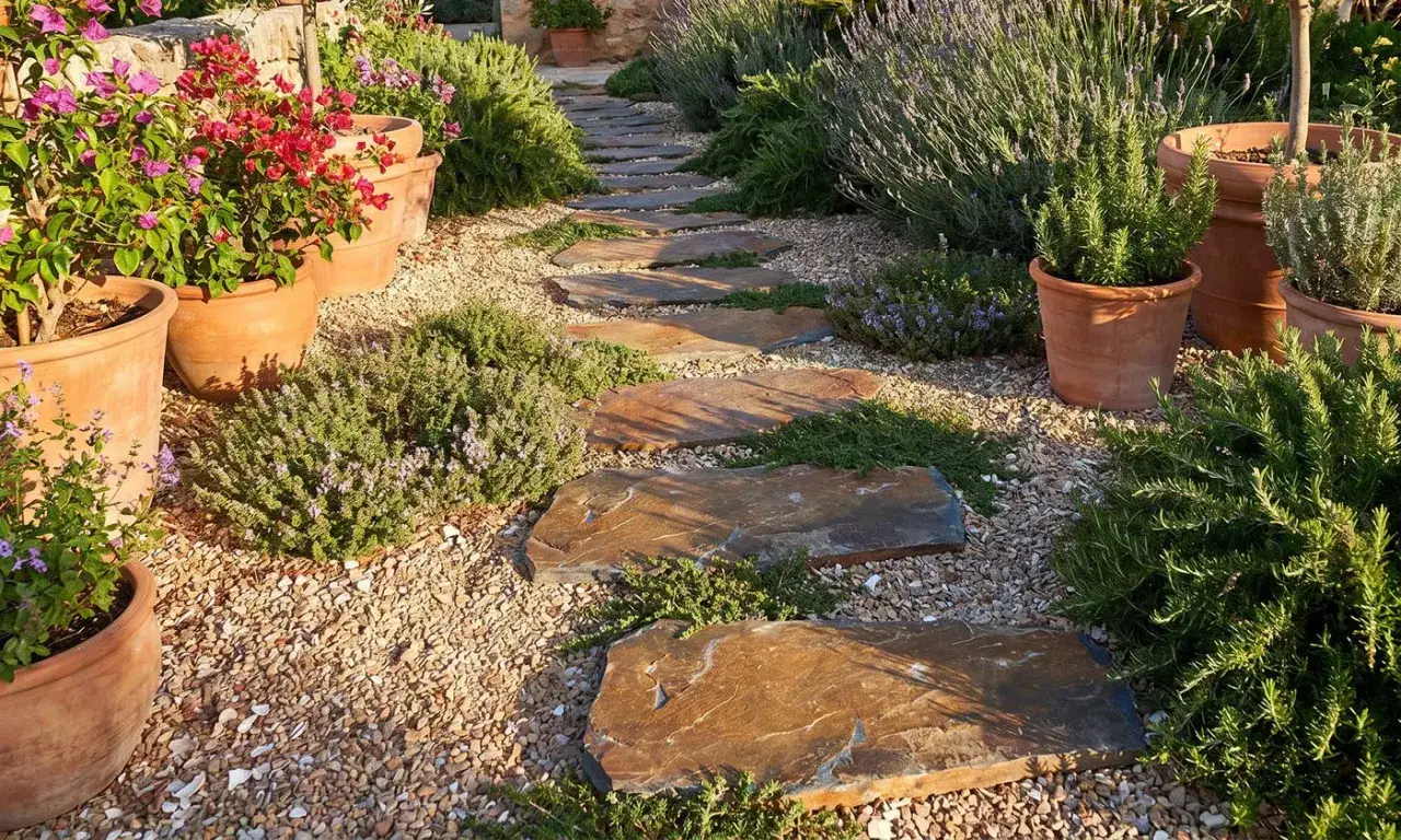 Terracotta-Töpfe mit bunten Blumen und Kräutern säumen einen Weg aus Trittsteinen. Tolle Rindenmulch Garten Ideen für ein mediterranes Flair.