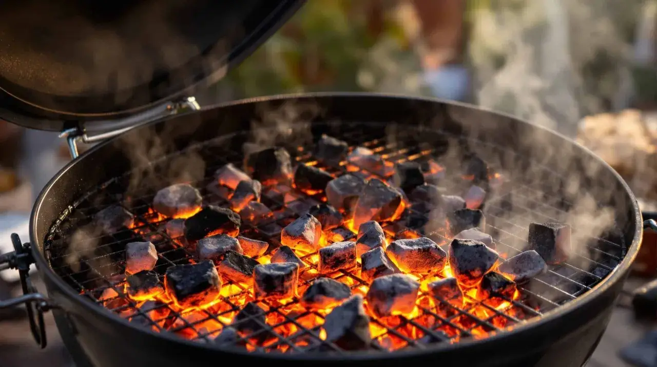 Brasas incandescentes en una parrilla, listas para cocinar. Aprende como hacer barbacoa carbón para un sabor ahumado perfecto.