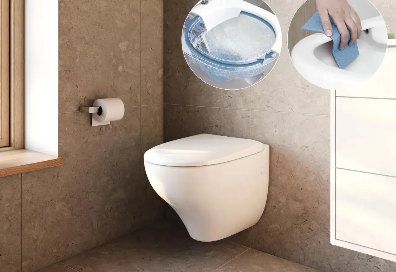 Modern v&auml;ggh&auml;ngd toalett utan synlig cistern, visar hur den reng&ouml;rs och hur vattnet cirkulerar. En toalett utan avlopp som &auml;r enkel att underh&aring;lla.