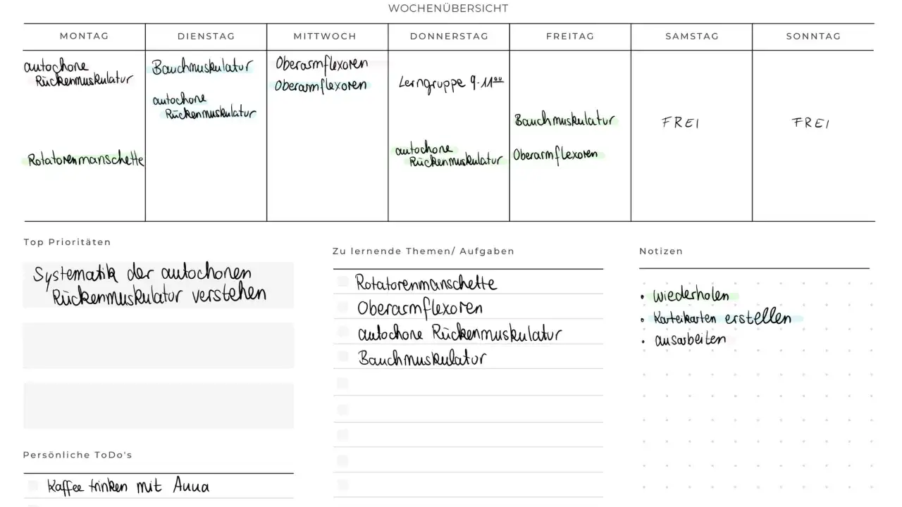 Wochenübersicht mit Lernplan: Fokus auf Rückenmuskulatur, Bauchmuskeln und Oberarmflexoren. Karteikarten erstellen als Lernziel.