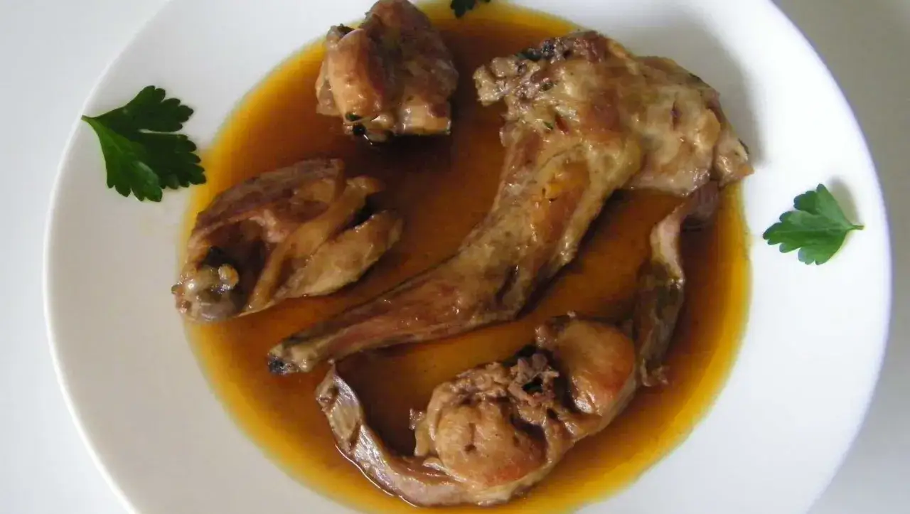 Sabroso conejo guisado en su jugo, servido en plato blanco con perejil fresco.