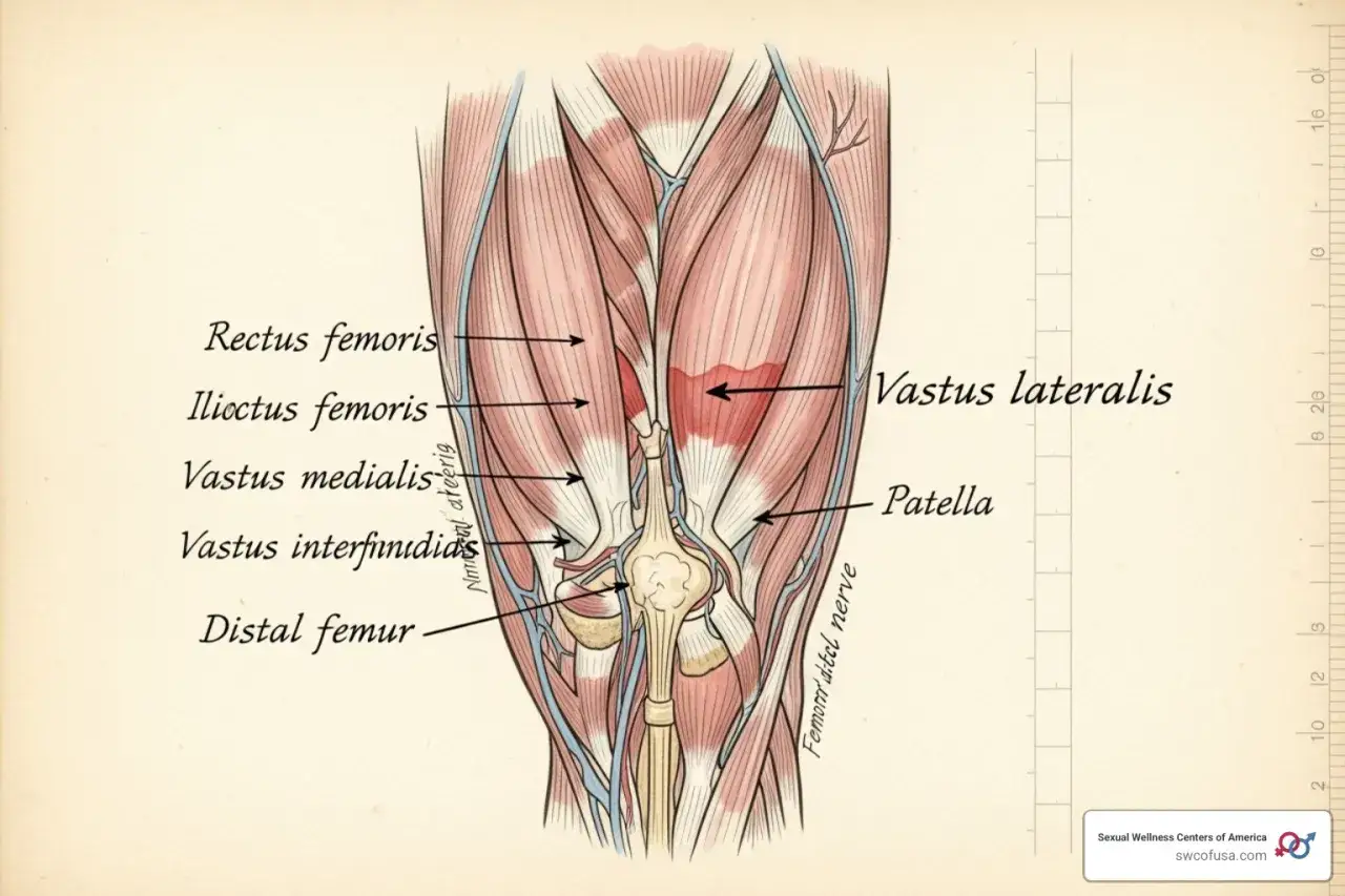 Anatomische Darstellung des Oberschenkels mit Muskeln wie Vastus lateralis. Hier wird eine i.m. Injektion Oberschenkel veranschaulicht.